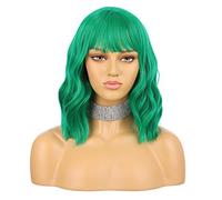eNilecor Perruque courte bouclée ondulée verte pour femme avec frange, longueur d'épaule, résistante à la chaleur, aspect naturel