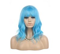 eNilecor Perruques courtes bouclées bob avec frange aérée 35,5 cm perruques naturelles de couleur bleue