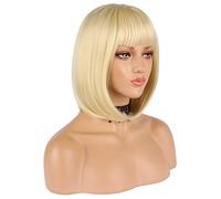 eNilecor Perruques de cheveux courts avec frange plate synthétique coloré pour femme Naturel comme de vrais cheveux + bonnet de perruque gratuit (blond clair)