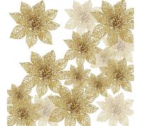EnixwH 24 Pièces Fleur de Noel Artificielles, Decoration Noel Sapin, Decoration Sapin Paillettes, Fleurs Artificielles pour Couronne Maison Fête Mariage Décorer (Or)