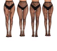 EnixwH 4 Paires Collant Halloween Femme, Bas Résille Collant Squelette et Araignée, Collant Resille Noir, Collant Resille Bas Resille Femme Sexy Élastique Collants Fishnets Tights