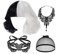 Eniyou Perruque Cruella d'Enfer Noire et Blanche Courte Demi Frange Ondulée Avec Bonnet, 1 Collier, 1 Masque pour Les Yeux