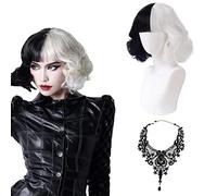 Eniyou Perruque Cruella d'enfer Perruque Noire et Blanche Courte Demi Frange Ondulée Noir Blanc Bonnet de Perruque Cospaly Halloween Party Avec 1 Collier 1 Masque pour Les Yeux 1 Filet à Perruque