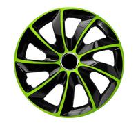 Enjoliveur universel pour roues de 16" (16"), noir et vert, en plastique ABS avec jante en acier, fixé par encliquetage, résistant aux chocs, peinture de protection, découpe de valve