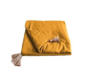 Enjoy Home - Edredon Décoratif - Jaune Moutarde avec 4 Pompons Jute - 90x190cm - 100% Coton - Certifié Oeko-TEX - Collection Panama