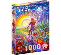 ENJOY Puzzle Femme à vélo dans des fleurs fantaisistes Illustration de la forêt - Puzzle de 1000 pièces pour adultes - Finition mate, toucher doux, facile à assembler, ajustement serré, couleurs vives