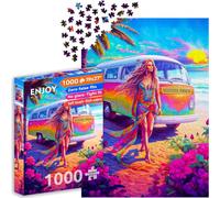 ENJOY Puzzle Femme Hippie sur la Plage avec Illustration de Van de Paix - Puzzle de 1000 pièces pour Adultes - Finition Mate, Doux au Toucher, Facile à Assembler, Coupe ajustée, Couleurs Vives