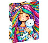 ENJOY Puzzle Illustration de câlin fille arc-en-ciel aimante et chat blanc - Puzzle de 1000 pièces pour adultes - Finition mate, doux au toucher, facile à assembler, ajustement serré, couleurs vives