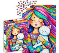 ENJOY Puzzle Illustration de câlin Fille Arc-en-Ciel aimante et Chat Blanc - Puzzle de 1000 pièces pour Adultes - Finition Mate, Doux au Toucher, Facile à Assembler, Ajustement serré, Couleurs Vives