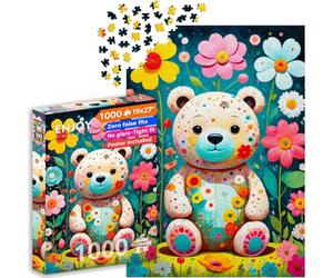 ENJOY Puzzle Illustration d'ours en peluche dans un jardin fleuri - Puzzle de 1000 pièces pour adultes - Finition mate, doux au toucher, facile à assembler, ajustement serré, couleurs vives, service