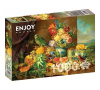 ENJOY Puzzle Josef Schuster : Nature morte avec fleurs, fruits et perroquet 1000 pièces