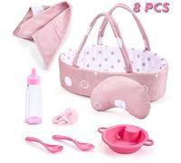Enjoyin 8 Accessoires Poupon, Cadeau Anniversaire Filles et Tout-Petits | Recharge complète pour poupon avec couffin, biberon, tétine, dinette, couverture, oreiller - compatible 23-30 cm.