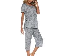 ENJOYNIGHT Pyjama Femme Été en Coton Ensembles de Pyjama T-Shirt Manche Courte et Pantalon Capri Vêtements de Nuit 2 Pièces (Small,Chat Gris)