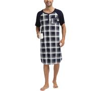 Enjoyoself Chemise de Nuit Homme Hauts de Pyjama Tee-Shirt Longueur Genou Col V avec Boutons Manches Courtes Vêtements d'Intérieur Douce Confortable Grande Taille Carreaux+Bleu Marine L