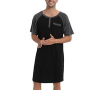 Enjoyoself Chemise de Nuit Homme Hauts de Pyjama Tee-Shirt Longueur Genou Col V avec Boutons Manches Courtes Vêtements d'Intérieur Douce Confortable Grande Taille Noir+Gris foncé XL