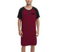 Enjoyoself Chemise de Nuit Homme Hauts de Pyjama Tee-Shirt Longueur Genou Col V avec Boutons Manches Courtes Vêtements d'Intérieur Douce Confortable Grande Taille Bordeaux+Noir 3XL