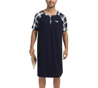Enjoyoself Chemise de Nuit Homme Hauts de Pyjama Tee-Shirt Longueur Genou Col V avec Boutons Manches Courtes Vêtements d'Intérieur Douce Confortable Grande Taille Bleu Marine+Carreaux M