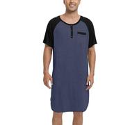 Enjoyoself Chemise de Nuit Homme Hauts de Pyjama Tee-Shirt Longueur Genou Col V avec Boutons Manches Courtes Vêtements d'Intérieur Douce Confortable Grande Taille Bleu Foncé+Noir 3XL
