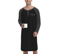 Enjoyoself Chemise de Nuit Homme Hauts de Pyjama Tee-Shirt Longueur Genou Manches Longues Col V avec Boutons Vêtements d'Intérieur Douce Confortable Grande Taille Noir+Gris foncé 4XL