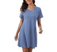 Enjyam Chemises de Nuit Coton Femme Rayure Col V Courtes T Shirt de Nuit Manches Courtes Robe de Nuit Courtes Pyjama Casual Top Confortable Bleu *Rayé M