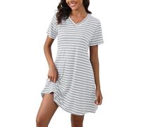 Enjyam Chemises de Nuit Coton Femme Rayure Col V Courtes T Shirt de Nuit Manches Courtes Robe de Nuit Courtes Pyjama Casual Top Confortable Gris *Rayé XXL