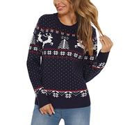 Enjyam Pull de Noël Femme à Col Rond Pull Tricoté pour Femme Pullover Noël Flocon De Neige Dames Renne Bonne Année Pulls Cadeau de Festival Idéal-Marine/XL