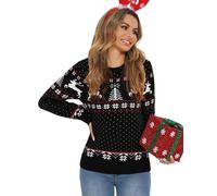 Enjyam Pull de Noël Femme à Col Rond Pull Tricoté pour Femme Pullover Noël Flocon De Neige Dames Renne Bonne Année Pulls Cadeau de Festival Idéal-Noir/M