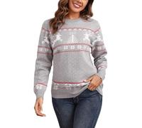 Enjyam Pull de Noël Femme Col Rond Pull Tricoté Pullover Noël Famille Flocon De Neige Dames Renne Bonne Année Pulls Cadeau de Festival Idéal Gris L