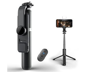 Enkarl Selfie Stick Tripod with Light, Portable Extendable 3 in 1 Stainless Steel Phone Tripod with Detachable Wireless Remote Stand Selfie Stick, Lightweight Compatible with Cellphones (Black)