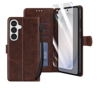 Enkay Étui Portefeuille pour Galaxy S26 avec Verre Trempé et Dragonne Marron