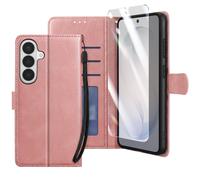 Enkay Étui Portefeuille pour Galaxy S26 avec Verre Trempé et Dragonne Rose