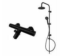 ENKI, Dune, BBT0249, noir, mitigeur thermostatique pour baignoire/douche avec double kit de rehaussement rigide, 200 mm ultra fin et douchette multifonction, moderne, garantie 10 ans