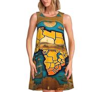 EnkzpoHen Robe décontractée sans manches avec poches, imprimé carte du monde abstraite, pour femmes, pour les vacances, le travail et la vie quotidienne, Noir , S