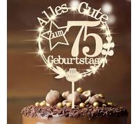 ENLACE Décoration de gâteau en bois pour 75e anniversaire femme homme - Décoration de gâteau 75e anniversaire - Décoration de gâteau Happy 75th Birthday - Cadeau pour femme - Décoration de gâteau LED