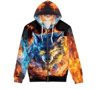 ENLACHIC Sweat à capuche unisexe 3D fantaisie zippé imprimé loup galaxie, Cool Ice Fire Wolf, 5X-Large