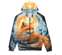 ENLACHIC Sweat à capuche unisexe 3D fantaisie zippé imprimé loup galaxie, Orange Fox Moon, Large