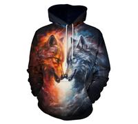 ENLACHIC Sweat à capuche Viking Totem à manches longues avec impression numérique 3D pour homme, Galaxy Orange Bleu Loup, Large