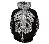 ENLACHIC Sweat à capuche Viking Totem à manches longues avec impression numérique 3D pour homme, Loup Fenrir Arbre de vie, 6X-Large