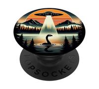Enlèvement d'un ovni par un monstre marin du Loch Ness, coucher de soleil rétro de Nessie PopSockets PopGrip Adhésif