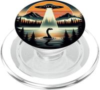 Enlèvement d'un ovni par un monstre marin du Loch Ness, coucher de soleil rétro de Nessie PopSockets PopGrip pour MagSafe