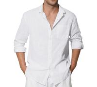 Enlision Chemise Blanche Homme en Lin Manches Longues Chemises Été Coton Henley Shirts de Couleur Unie Leger Ample Casual de Plage Mariage 2XL