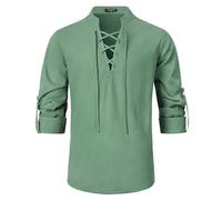 Enlision Chemise en Coton et Lin pour Homme à Manches Longues Costume médiéval à Lacets Chemise écossaise décontractée pour Halloween Cosplay Viking Pirate Herbe Verte M