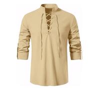 Enlision Chemise en Coton et Lin pour Homme à Manches Longues Costume médiéval à Lacets Chemise écossaise décontractée pour Halloween Cosplay Viking Pirate Beige M
