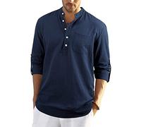 Enlision Chemise en Lin Business Causal Manches Longues Automne Printemps été Solid Col Mao Chemise Col V Shirt Tops Mode Bleu Marin 4XL