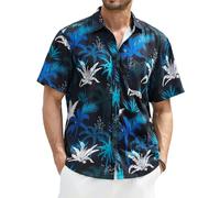 Enlision Chemise Hawaïenne Homme à Manches Courtes Boutonnée Florale Funky Fleurs Palmier Ananas Chemise Imprimée Vacances Plage Chemises Hawaïennes Unisexe,Bleu
