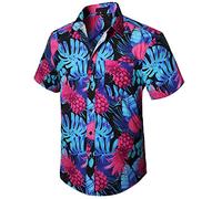 Enlision Chemise Hawaienne Homme Ananas Manches Courtes Funky Casual Chemise à Imprimé Aloha Chemise D'éTé pour La Plage,Bleu & Rose,XL