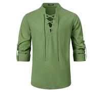 Enlision Chemise pour Homme à Manches Longues col en V vêtements médiévaux Coton Classique écossais Jacobite Kilt Lin Chemises Vert armée XL