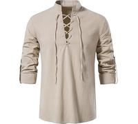 Enlision Chemises en Coton et Lin pour Hommes à Lacets, Costume médiéval Vintage à Manches Longues, Chemise Kilt Classique écossaise Jacobite Ghillie Kaki XL