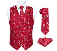 Enlision Gilet Rouge de Noël Homme Fantaisie avec Motifs Père Noël Ensemble 3 Pièces Cravate et Pochette Cadeau pour Fête de Famille 2XL