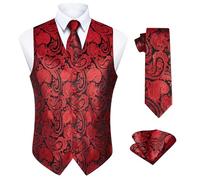 Enlision Homme Rouge Gilet et Cravate Ensemble Paisley Floral Jacquard Gilet pour Hommes & Cravate et Pochette pour Mariage Fête